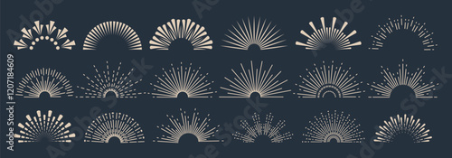 Sunbursts firework explosion, bursting or light rays, linear drawing and borders collection. Vector trendy hand drawn retro isolated design elements