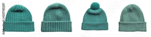 Closeup view of various turquoise and teal colored knitted beanies or bobble hats in different textured and patterned styles showcasing warm and cozy winter headgear fashion accessories photo