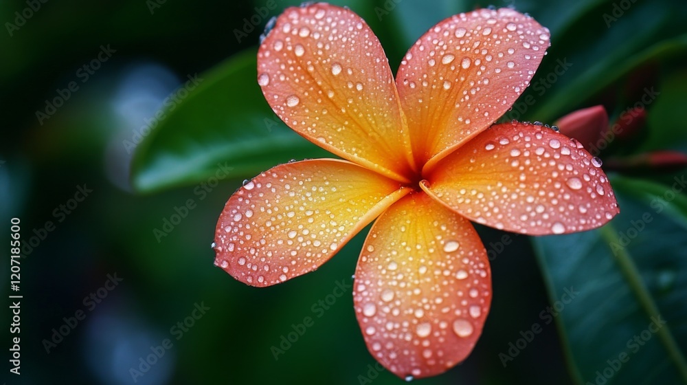 A fresh bloom with tiny droplets of water on its petals, set against a blurred natural background of lush foliage. A fresh bloom with tiny droplets of water on its petals, set against a blurred natural background of lush foliage.