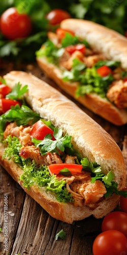 Delicious Chicken and Tomato Sub Sandwich Fresh Lettuce Parsley Rustic Wooden Background photo