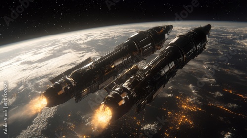 Wallpaper Mural Twin spaceships orbiting Earth at night with powerful engines Torontodigital.ca