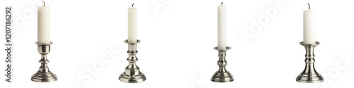 Elegant metallic candlesticks in various finishes like silver chrome bronze and gold casting a warm cozy glow on a minimalist table setting  Ideal for romantic celebratory or spa like ambiance photo