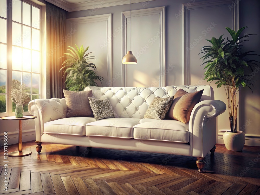 Fototapeta premium Modern living room photography showcases a pristine white vintage sofa, exuding timeless elegance.