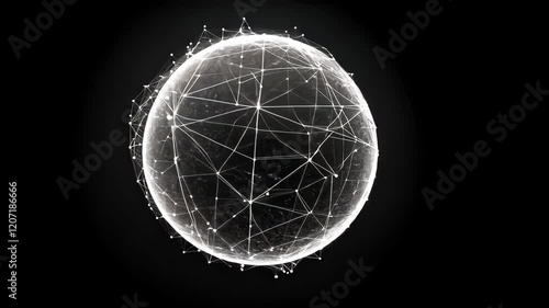 Black and white image of a sphere with many lines and dots. The sphere is the main focus of the image