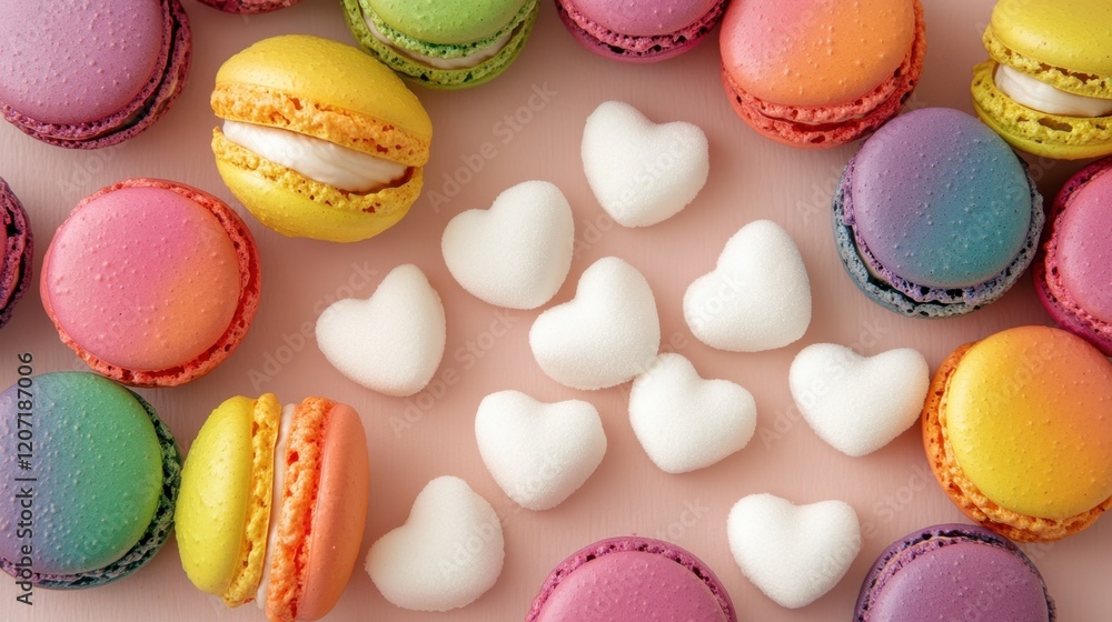 Colorful Macarons and Heart-Shaped Confectionery on Pink Background Colorful Macarons and Heart-Shaped Confectionery on Pink Background