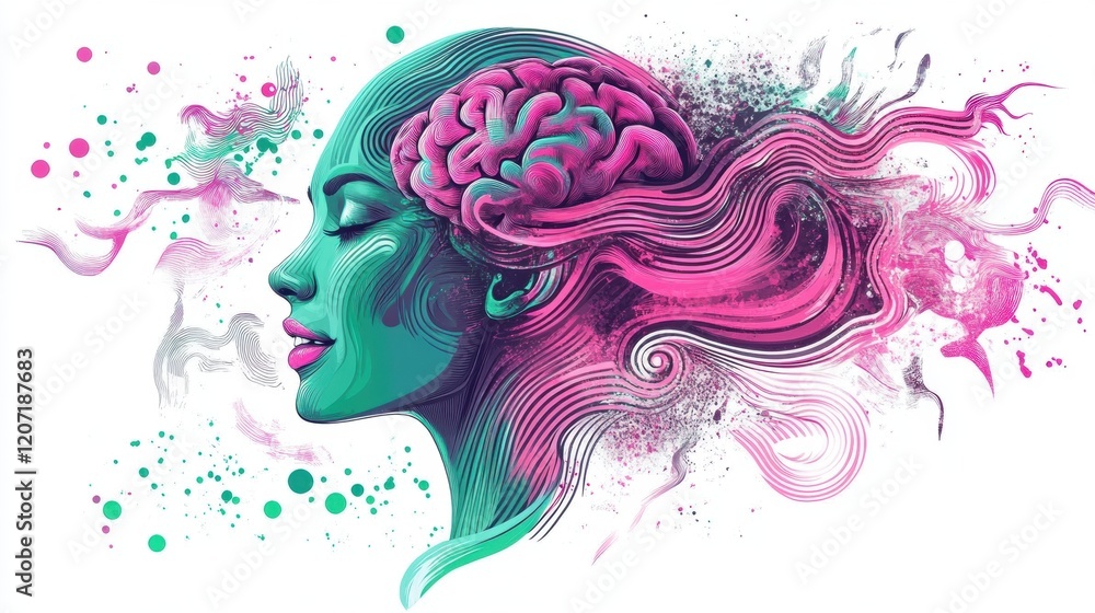 Abstract Art of a Woman's Profile Featuring Brain and Colorful Swirls Abstract Art of a Woman's Profile Featuring Brain and Colorful Swirls