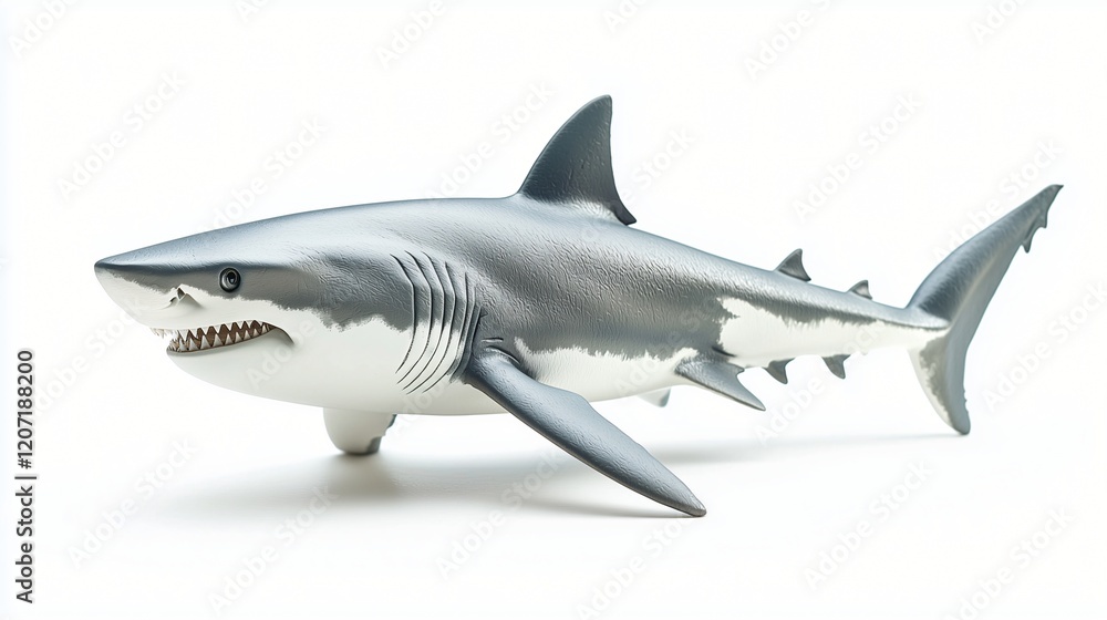 Fototapeta premium A great white shark isolated on a white background The shark has a grey back and a white underbelly Its mouth is slightly open revealing sharp teeth 