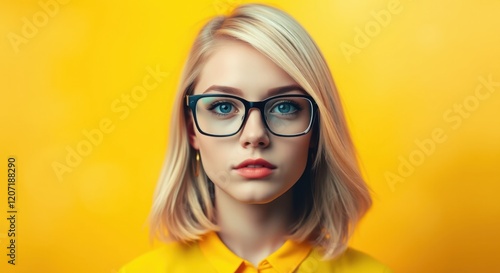 Wallpaper Mural Portrait of a young woman with blonde hair wearing glasses against a yellow background. Torontodigital.ca