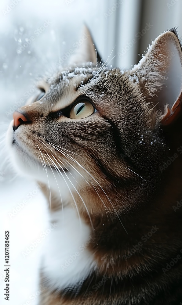 Snow-Kissed Tabby Cat Gazing Out a Window: A Serene Winter Portrait Snow-Kissed Tabby Cat Gazing Out a Window: A Serene Winter Portrait