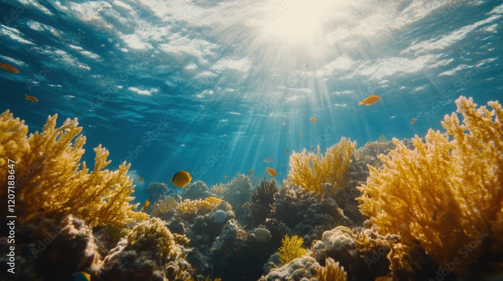 Fototapeta premium Sunlight Illuminating Vibrant Coral Reefs Under the Ocean Surface