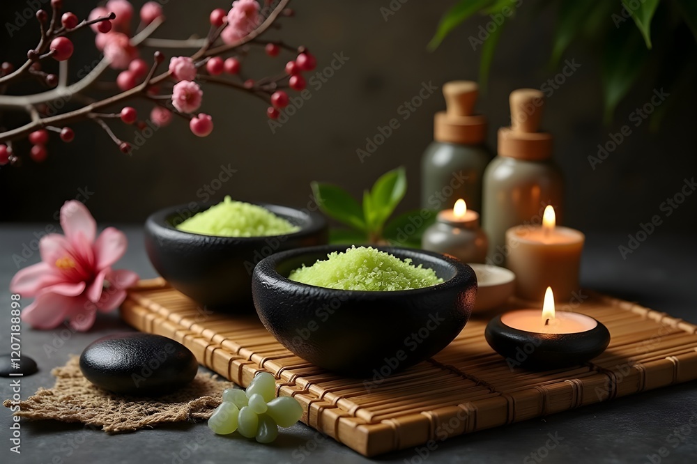 Peaceful Asian-Inspired Spa Setting with Bath Salts and Stones on Bamboo Mat Peaceful Asian-Inspired Spa Setting with Bath Salts and Stones on Bamboo Mat