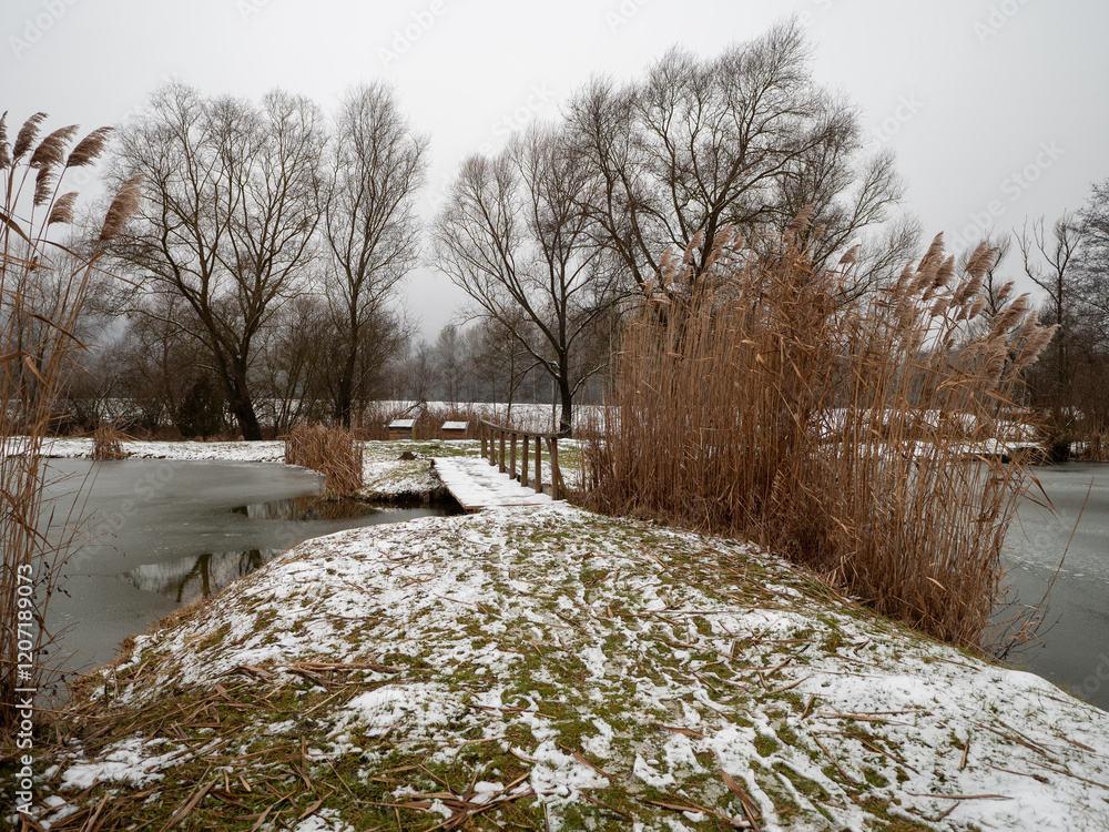 A snowy wooden bench on the shore of a calm pond in winter. A snowy wooden bench on the shore of a calm pond in winter.
