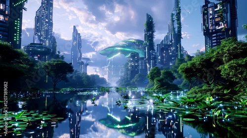 Breathtaking view of the futuristic city, nature harmoniously combines with high technology. Modern skyscrapers surrounded by greenery surround a crystal clear river. Aerial dome over the city center.