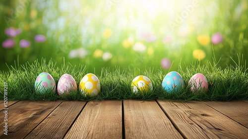 painted easter eggs celebrating a Happy Easter on a spring day with green grass meadow background with copy space and a rustic woodern bench photo