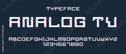 Glitch noisy geometric vector font in analog style, futuristic cyberpunk typeface with digital grunge effect, matrix typography alphabet letters and numbers.