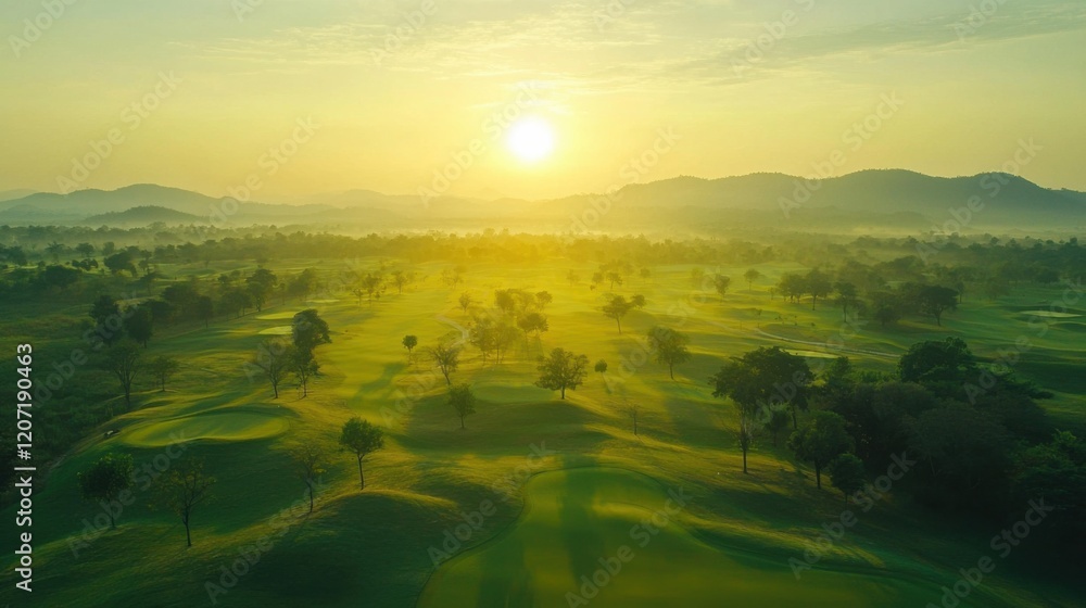Fototapeta premium Golf teeing ground in golf course with sunrise background.