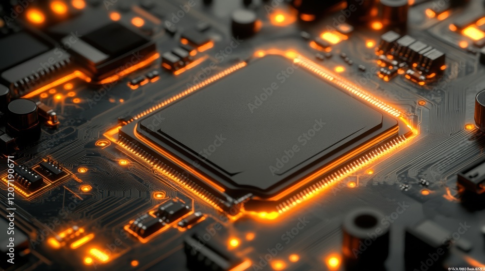 Close-up View of a Modern Circuit Board with Glowing Elements Close-up View of a Modern Circuit Board with Glowing Elements