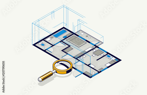 Floorplan implementation drawing with pencil, flat plan residential house or apartment blueprint, 3D isometric vector illustration, interior design project top view.