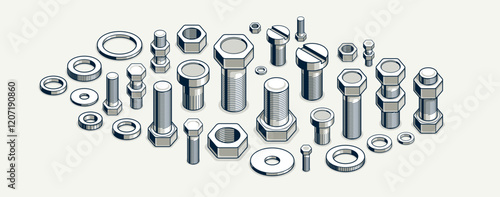 Bolts and nuts vector 3D isometric set, repair and maintenance service concept.