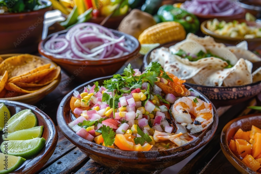 Traditional Peruvian ceviche with accompaniments and spicy juice. Traditional Peruvian ceviche with accompaniments and spicy juice.