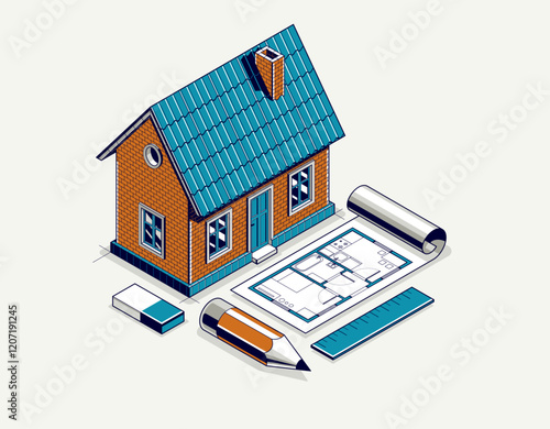 House project concept, 3D isometric vector illustration of a small house and blueprint building project, construction architectural model, residential family small house.