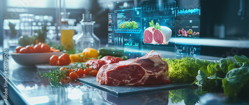 A food technology concept featuring a futuristic food neon hologram and digital display with meat products on the table in a laboratory or secret lab