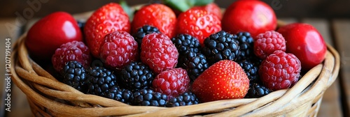 Fresh Summer Berries in Rustic Wooden Basket Delicious Red Raspberries Blackberries Strawberries Cherries