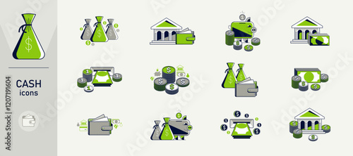Cash money vector detailed icons set, wealth and success concept bundle, exchange and refund theme, treasures and riches.