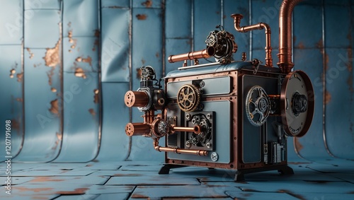 Intricate steampunk contraption with copper pipes and gears in an industrial space