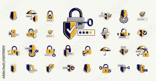Password access, shield and padlock with key, umbrella and pin safety vector detailed icons set, security and protection.