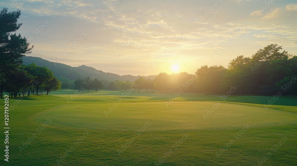 Naklejka premium Golf teeing ground in golf course with sunrise background.