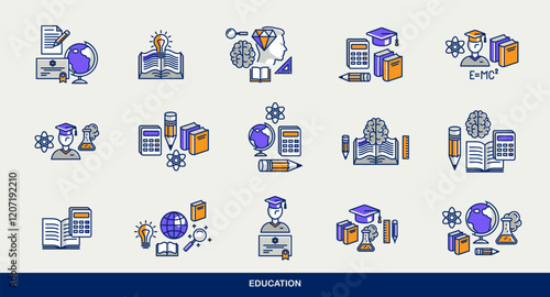 Education vector icons set, school study of science, university and academy learning, different disciplines knowledge.