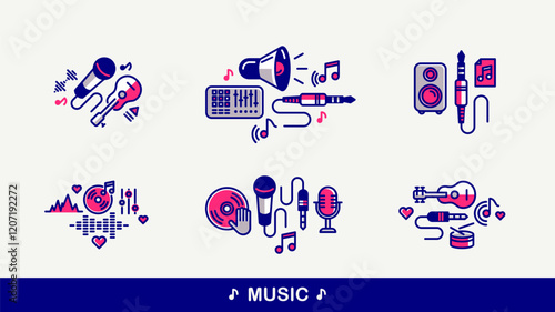 Sound producing and audio engineering vector detailed icons set, music mix and recording studio bundle, equipment and instruments.