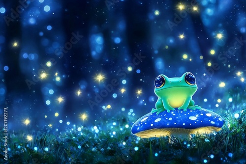 A whimsical frog sits on a glowing mushroom in an enchanted forest, with sparkling fireflies. Generative AI photo