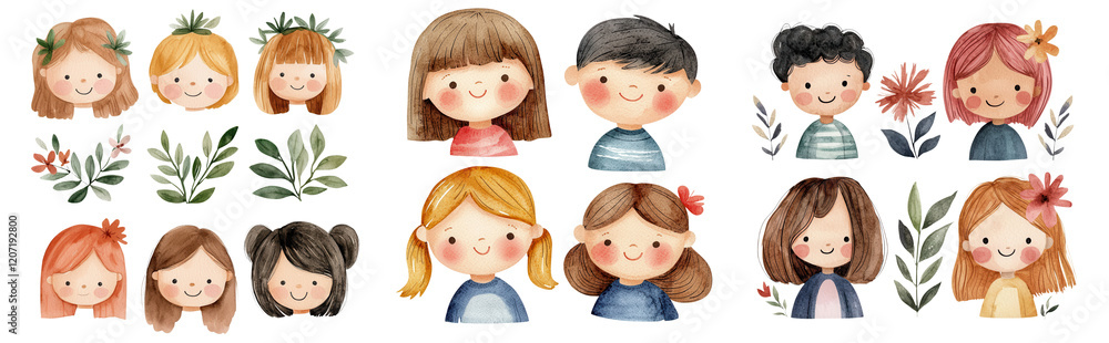 Cute smiling characters with floral elements and diverse hairstyles, isolated on transparent background. Cute smiling characters with floral elements and diverse hairstyles, isolated on transparent background.