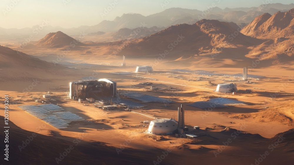 Futuristic Desert Settlement with Solar Panels and Domes Futuristic Desert Settlement with Solar Panels and Domes