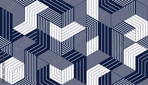 Cubes seamless pattern, abstract 3D optic background, trippy isometric linear polygon endless wallpaper, surreal effect black and white tiling pattern.