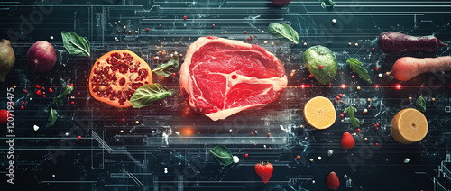A food technology concept featuring a futuristic food neon hologram and digital display with meat products on the table in a laboratory or secret lab