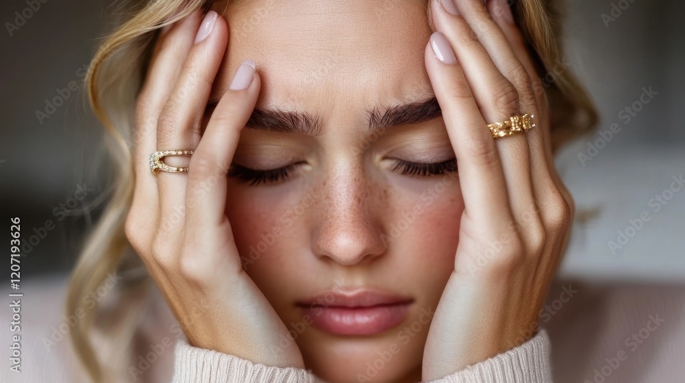 Stressed young caucasian female with closed eyes holding head reflecting anxiety Stressed young caucasian female with closed eyes holding head reflecting anxiety