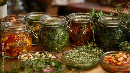 Colorful Jars of Fresh Herbs and Vegetables on Wooden Table