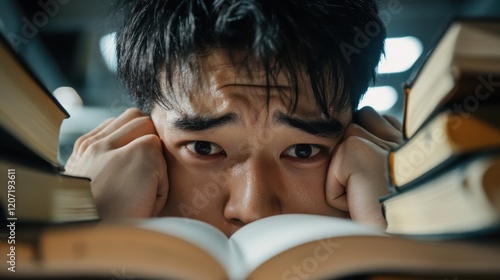 Stressed asian young male student surrounded by books in library studying intensely Bibliomania Day photo