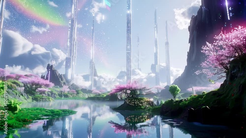 The world of the future, the tall spires of futuristic buildings blend harmoniously with the lush, blooming nature. Rose trees frame the banks of the crystal clear river, reflecting its beauty.