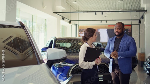 Cheerful saleswoman in dealership using sales tactic to persuade client to make immediate purchase or deposit. Smiling agent encouraged customer to buy extra vehicle warranty, camera B photo