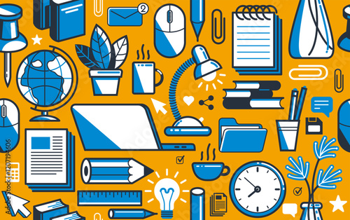 Office or remote work seamless background, PC and papers job workplace desk vector endless wallpaper, all elements easy to use separately as an icons or illustrations.