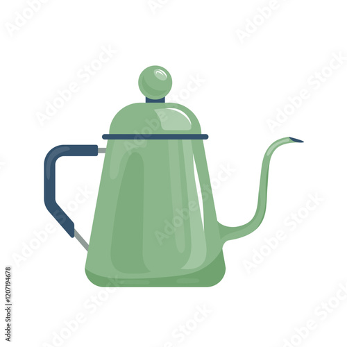 Drip kettle with Long Narrow Spout. Gooseneck kettle with boiled water. Teapot for coffee. Flat vector illustration of cafe steel drip kettle isolated on white background