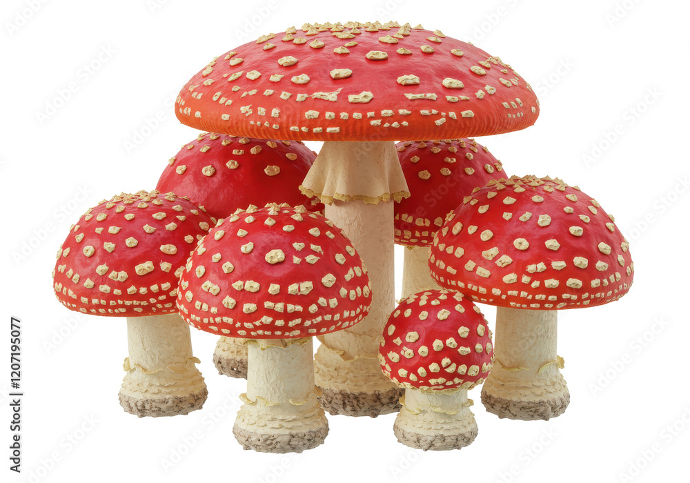 Obraz premium Group of red fly agaric mushrooms with white dots, isolated on white background