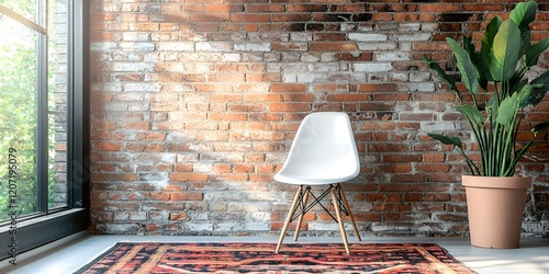  Vintage Brick Wall with Weathered Paint in Industrial Loft Setting photo