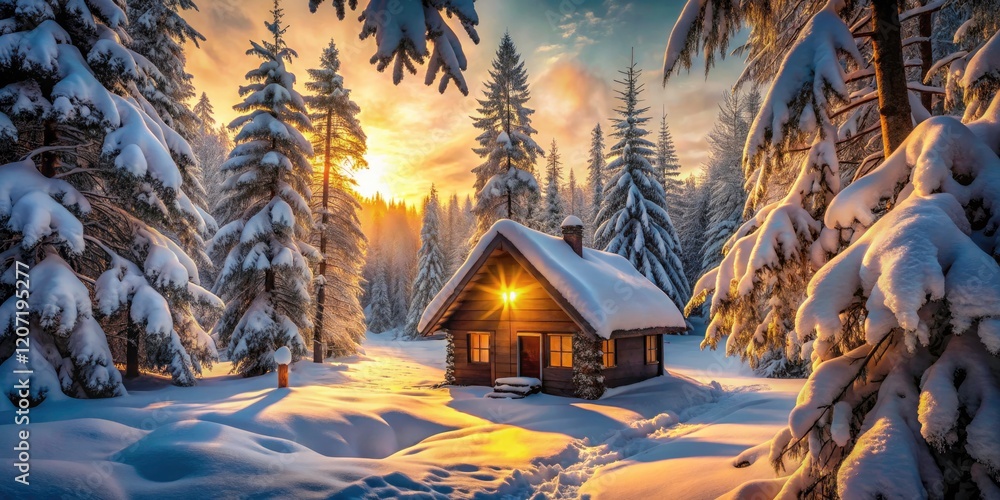 Fototapeta premium Snow-dusted cabin dreamscape, a winter wonderland photograph.