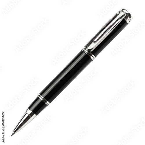 Classic ballpoint pen in black and silver, isolated on white background. Clean and centered.