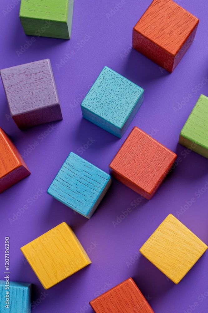 Fototapeta premium Colorful wooden building blocks on a purple background